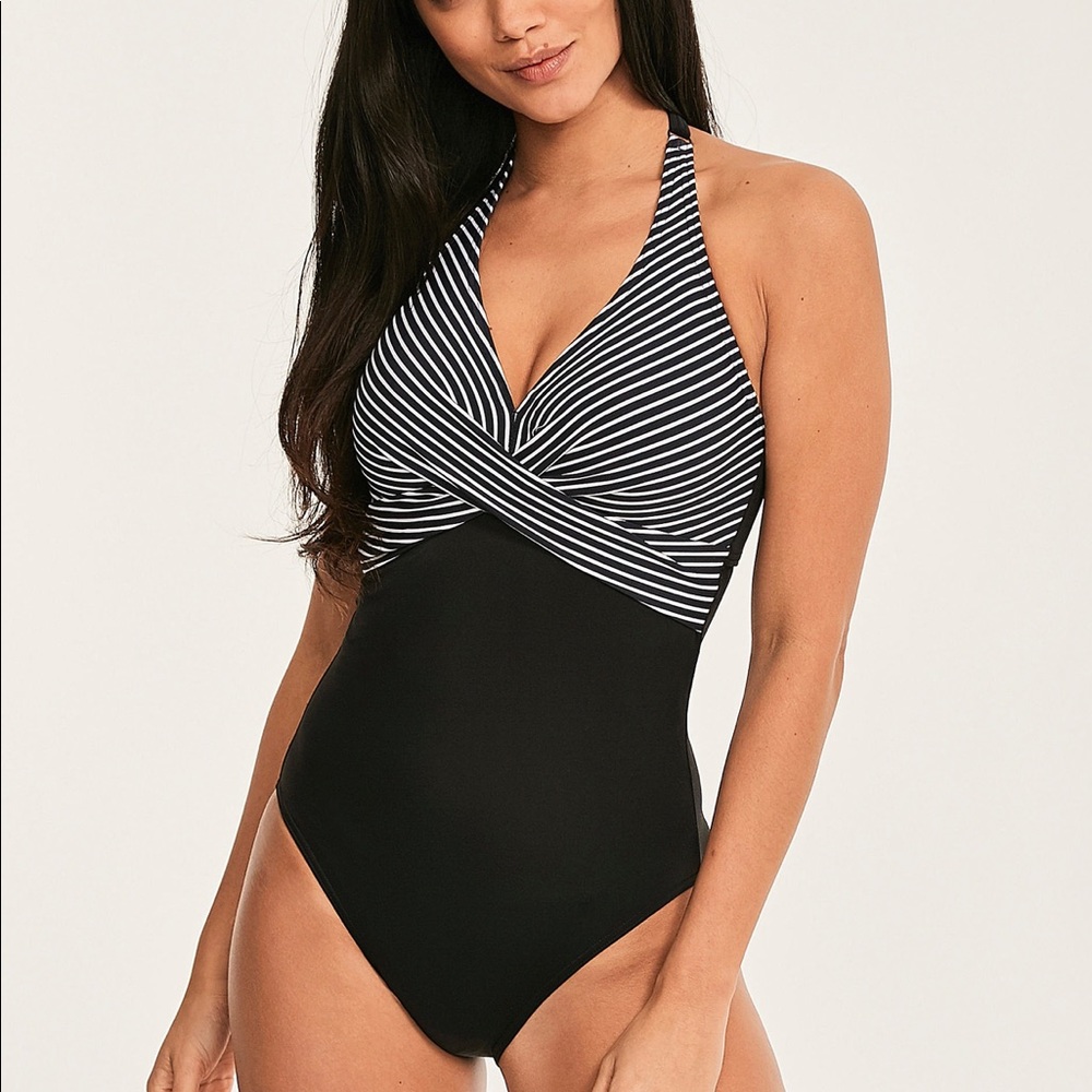 Figleaves Tailor Halter Twist Front Tummy Control Stripe Swimsuit